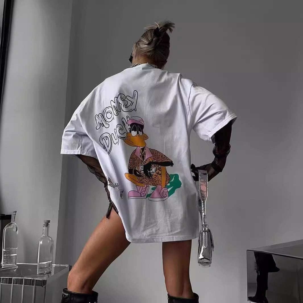 Dame T-shirt med kreativt cartoon-design og afslappet pasform Stilla