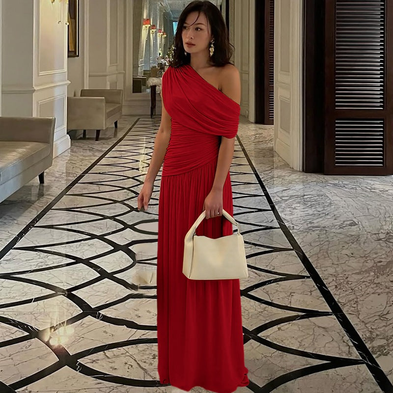 Dame Elegant asymmetrisk maxikjole med draperinger Skovae