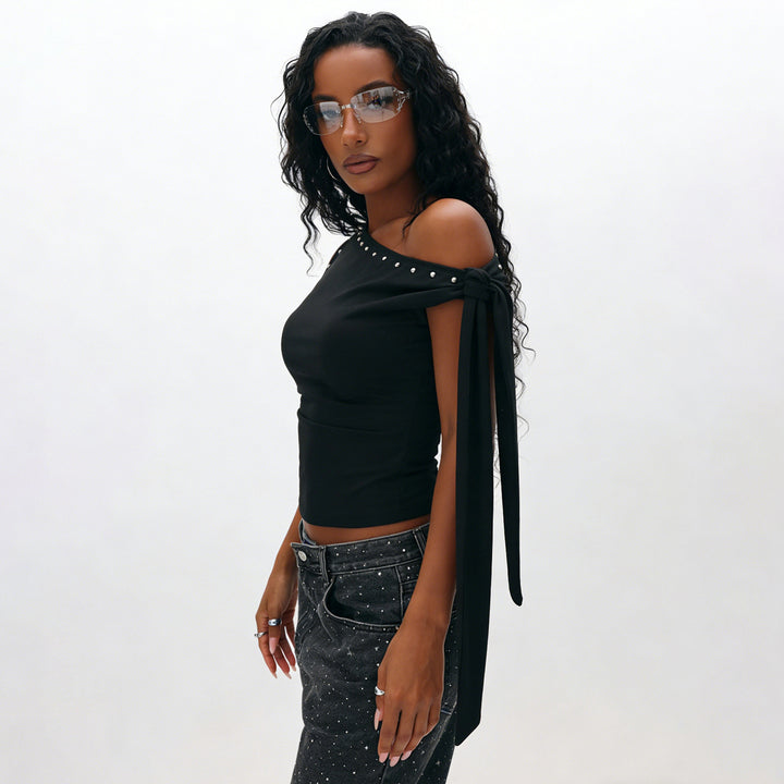 Dame Elegant One-Shoulder Top med dekorative sten Skovae