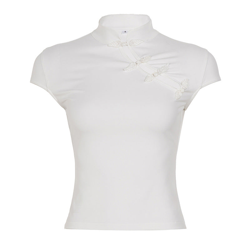 Dame chiffon top med elegant ståkrave og fine broderidetaljer Skovae