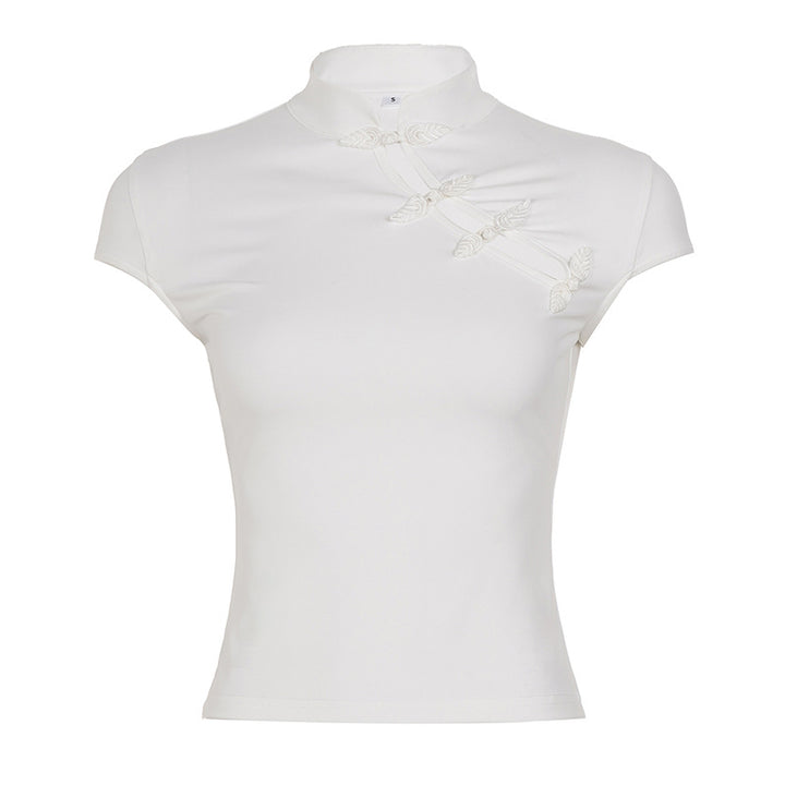 Dame chiffon top med elegant ståkrave og fine broderidetaljer Skovae