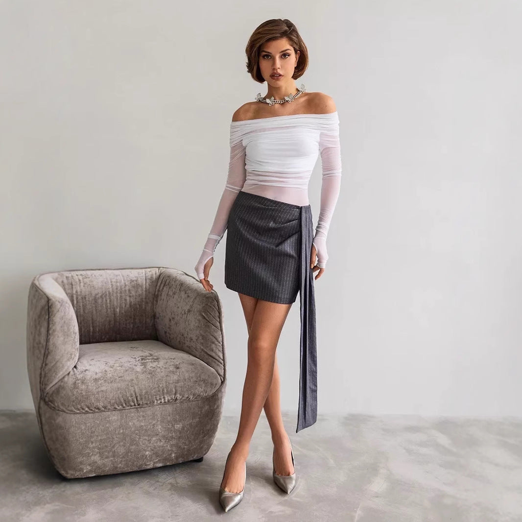 Dame Offshoulder Langærmet Top i transparentt netmateriale Skovae