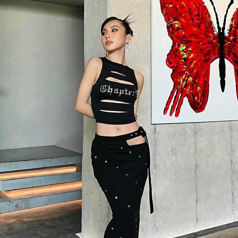 Dame skulderfri cut-out top med glitrende print Skovae