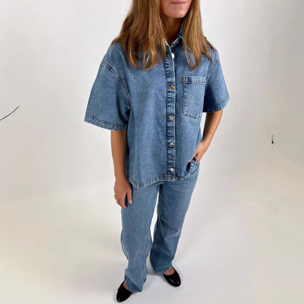 Dame denim skjortejakke i afslappet oversized snit Skovae