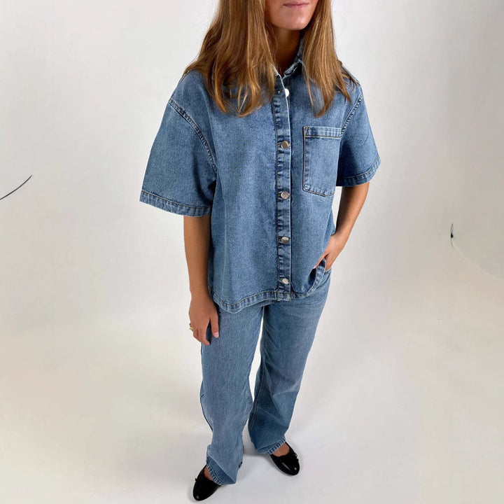 Dame denim skjortejakke i afslappet oversized snit Skovae