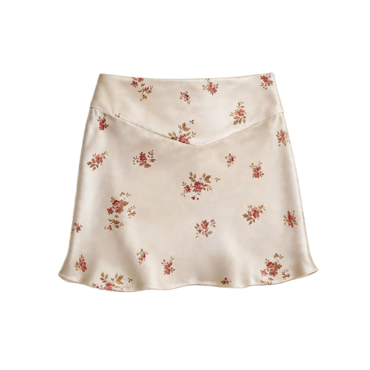 Dame Kort Satin Nederdel med Blomsterdesign og Blødt Flydende Silhuet Skovae