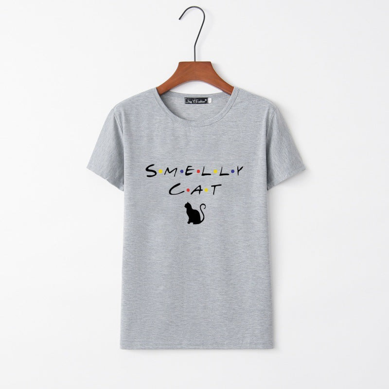 Dame T-shirt med kreativ kat design og rund halsudskæring Stilla