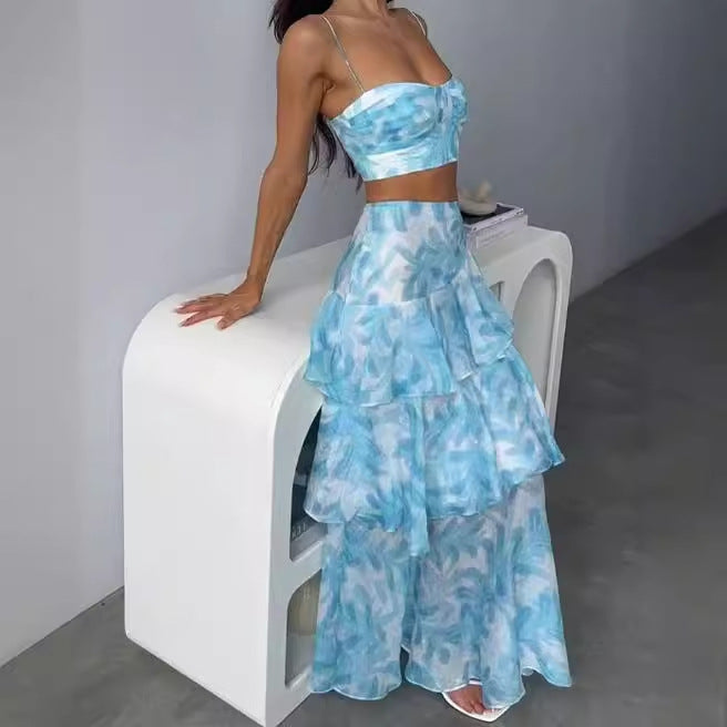 Kvinder To-delt Sæt med Flydende Maxi Nederdel og Crop Top