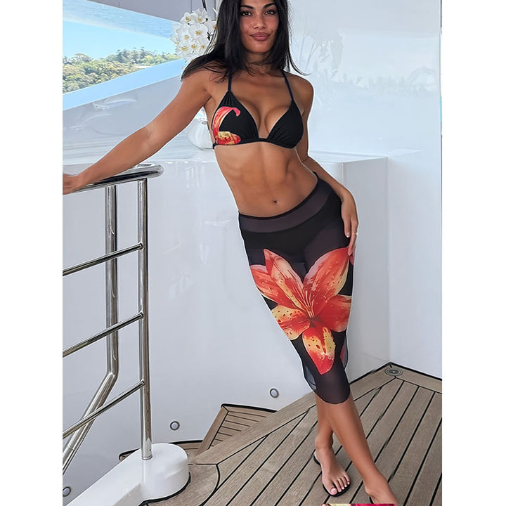 Dame Bikini-sæt med blomsterdesign og tætsiddende nederdel Skovae