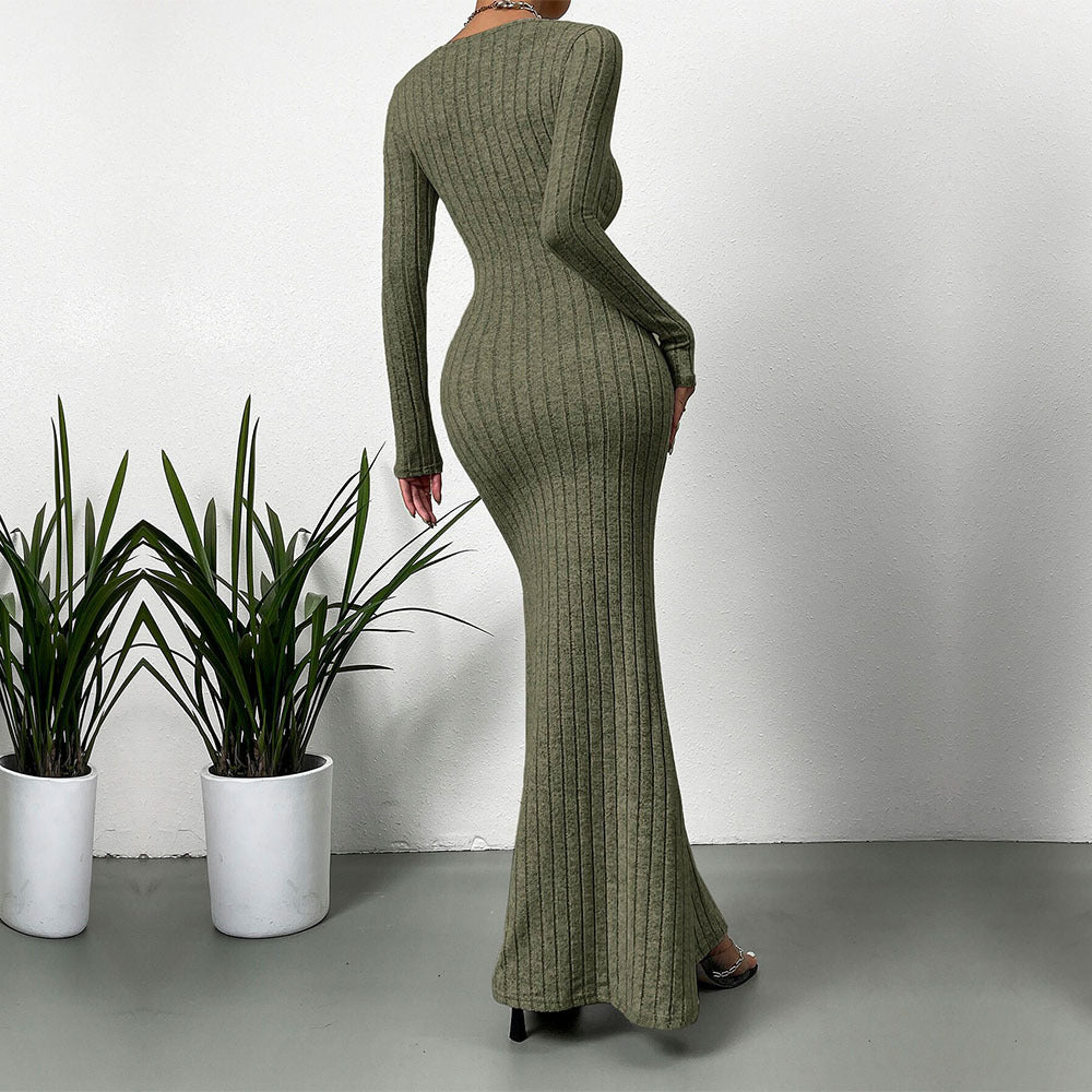 Kvinders langærmet maxikjole i elegant ribbet design Stilla
