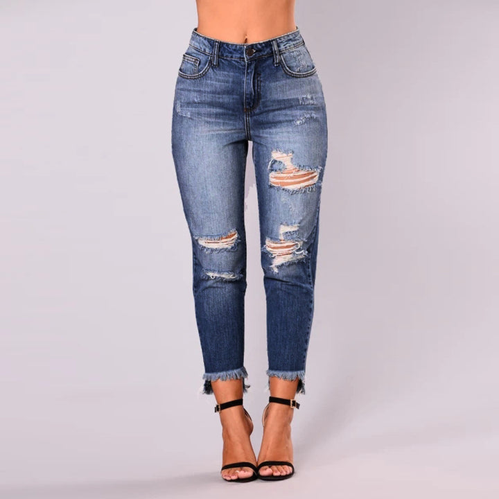 Dame højtaljede rippede jeans med frynset søm og moderne brugt-look Stilla