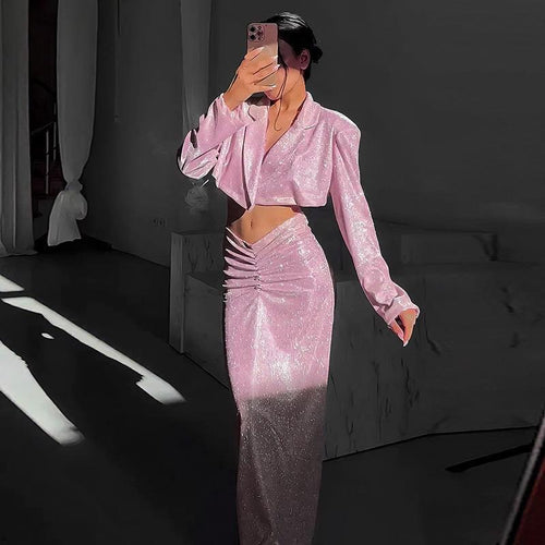 Dame Glitrende Crop-Top og Wrap-Skørt Sæt Skovae