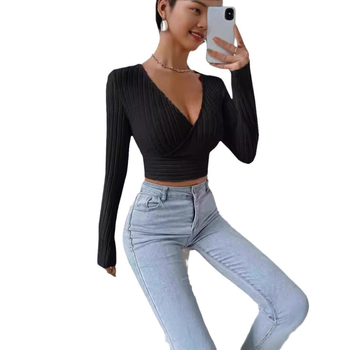 Dame figursyet, langærmet Crop-Top med omslagdesign og ribstruktur Stilla