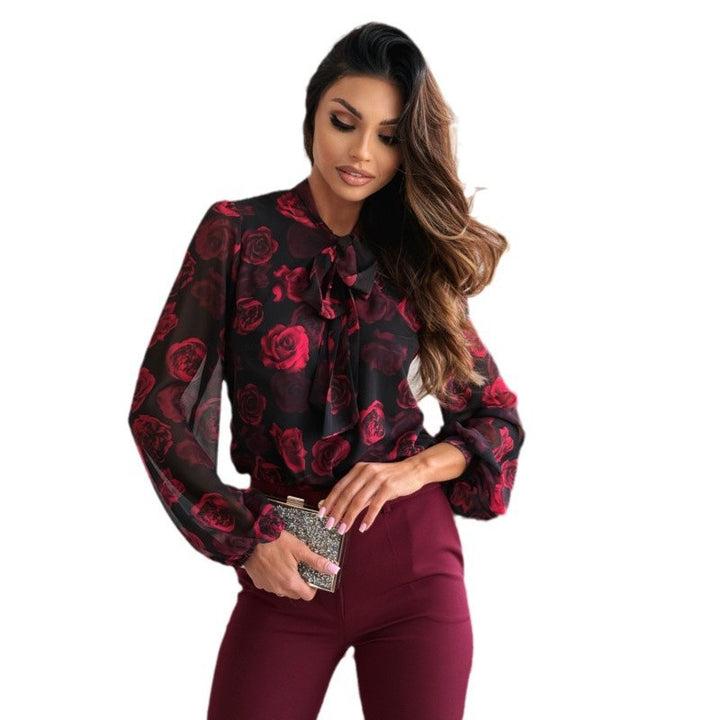 Dame elegant Bluse med floralt tryk og sløjfelinnedetaljer Stilla