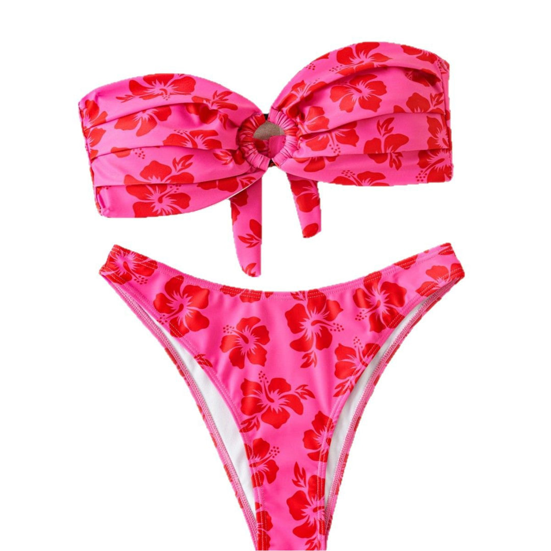 Dame bandeau bikini sæt med dekoreret knude og blomster mønster Skovae