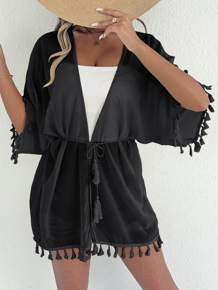 Dame Strandkimono med frynsede detaljer og luftig struktur Stilla