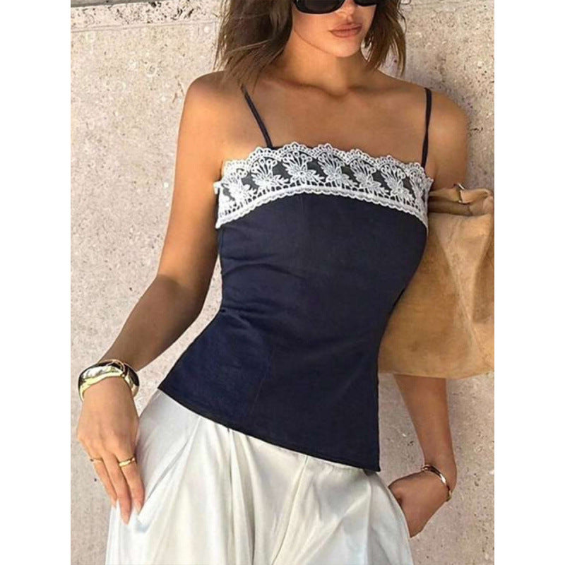 Damen Spaghetti-Träger Top mit elegantem Spitzenrand Skovae