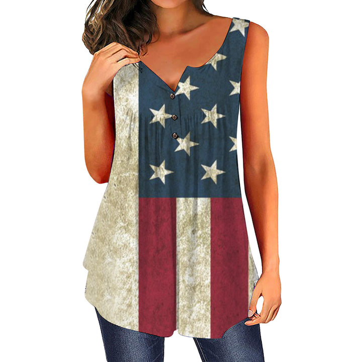 Dame afslappet bluse med knapliste og flagmotiv Stilla