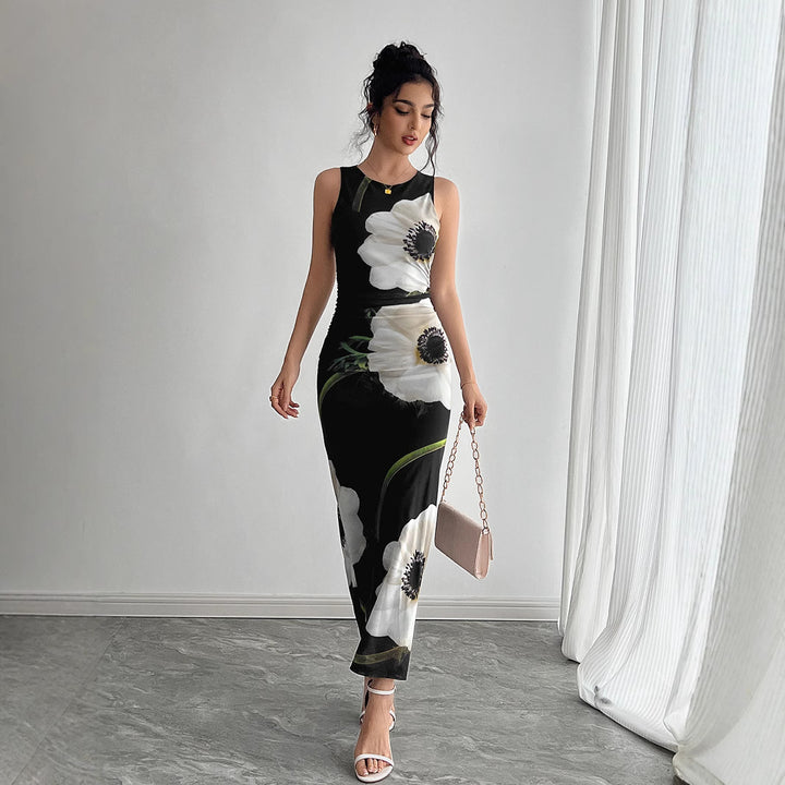 Dame elegant maxikjole med blomsterprint og figursyet silhuet Stilla