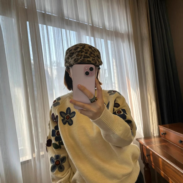 Dame mode sweater med blomster broderi design Stilla