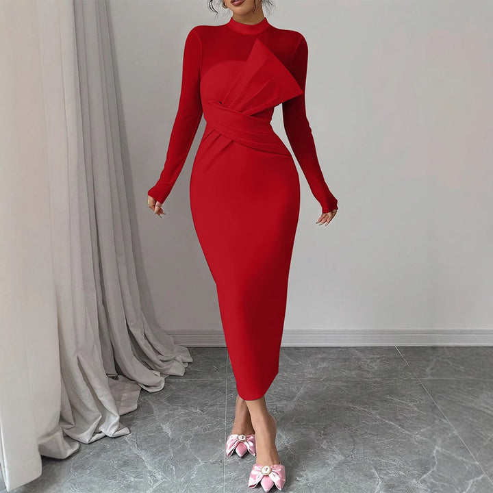 Dame Elegant Langærmet Midi-Kjole med raffineret drapering og figursyet silhuet Skovae