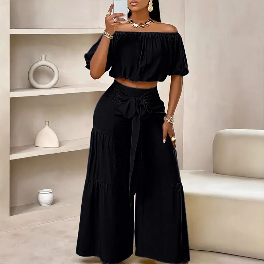 Damer Off-Shoulder Crop Top og Højtaljede Palazzo Bukser Sæt Stilla