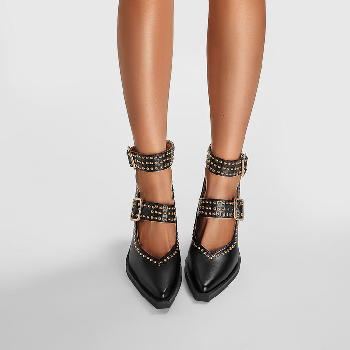 Femme Chunky Hælsats Mary Jane Pumps med Nitteudsmykning Stilla