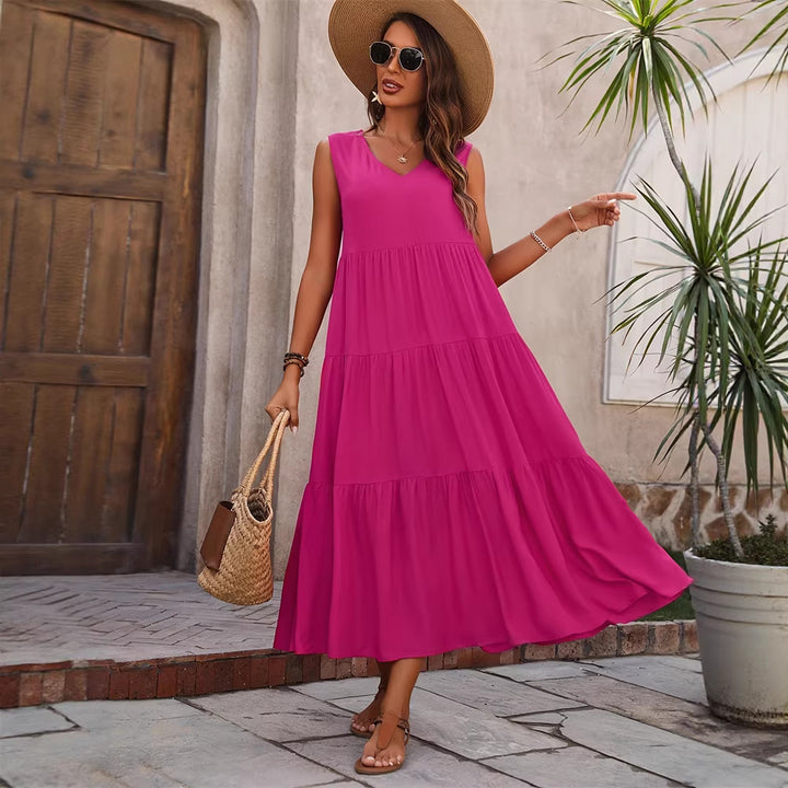 Dame Elegant sommer maxi kjole med voluminøs skørt og V-udskæring Skovae
