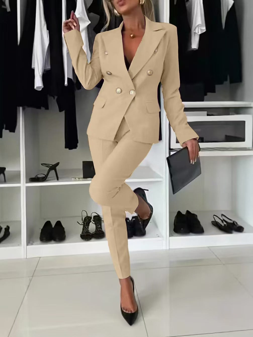 Dame elegant blazer-dragt-sæt med dobbeltradet blazer og smalt skårne bukser Stilla