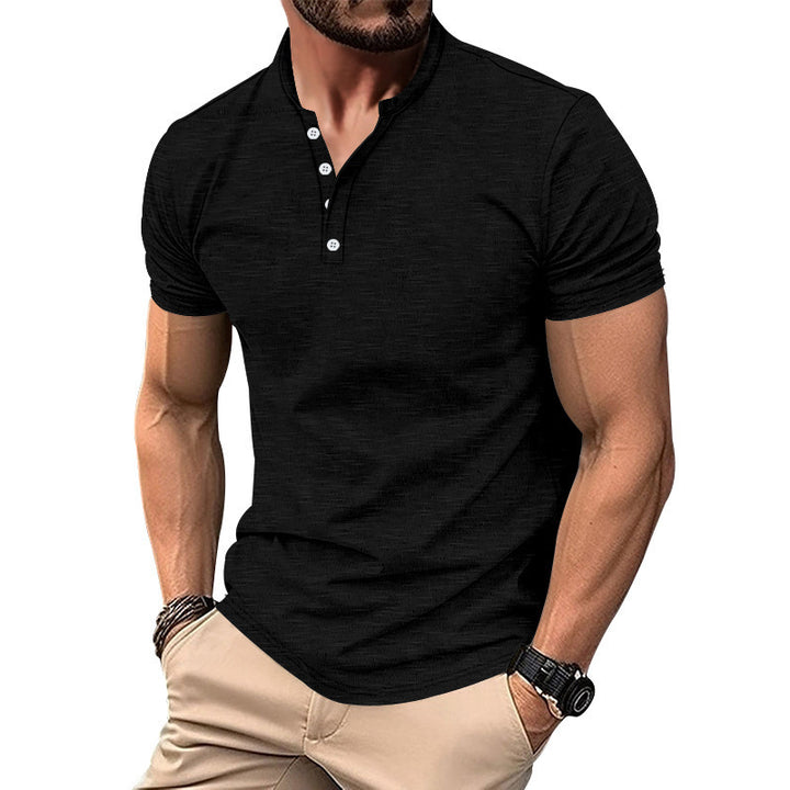 Herre kortærmet Henley T-shirt med dekorative knapdetaljer og glat overflade Stilla
