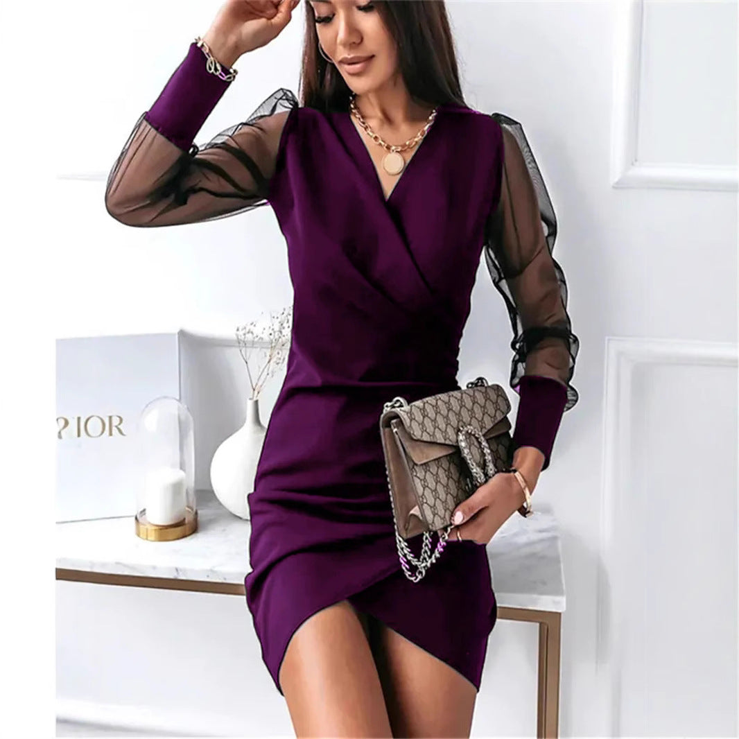 Dame Elegant Vridning Mini kjole med transparente Puffærmer Stilla