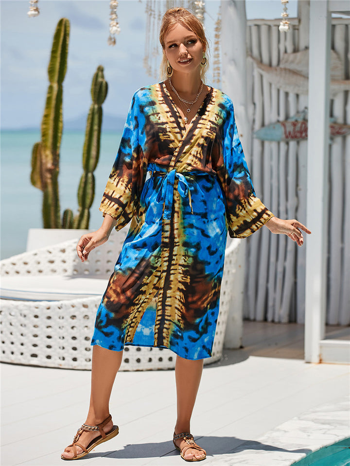Dame elegant Strandkaftan med fri skæring og farverigt mønster Stilla