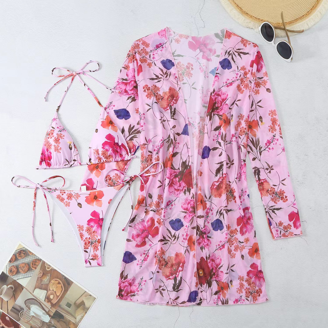 Dame bikinisæt med transparent cover-up og blomsterdesign Stilla