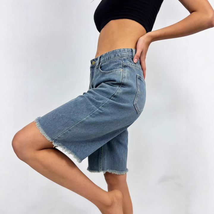 Dame afslappede denim-shorts med frayed kanter og høj talje Skovae