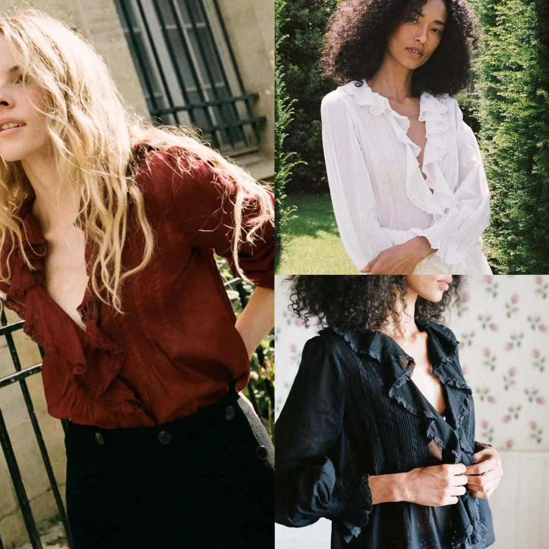 Damebluse med rufledetaljer og elegant V-udskæring Stilla