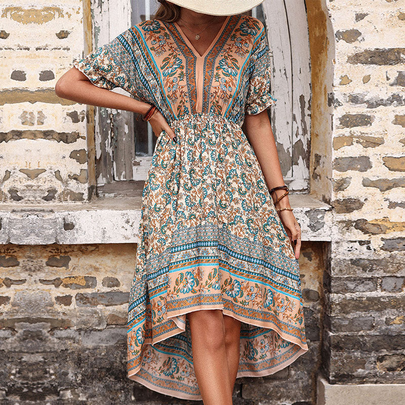 Dame High-Low Floral Print Maxi-Kjole med Flæser Stilla