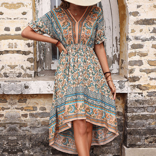Dame High-Low Floral Print Maxi-Kjole med Flæser Stilla