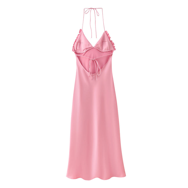 Femme Halter Neck Satin Maxi Kjole med Flæsedetalje Stilla