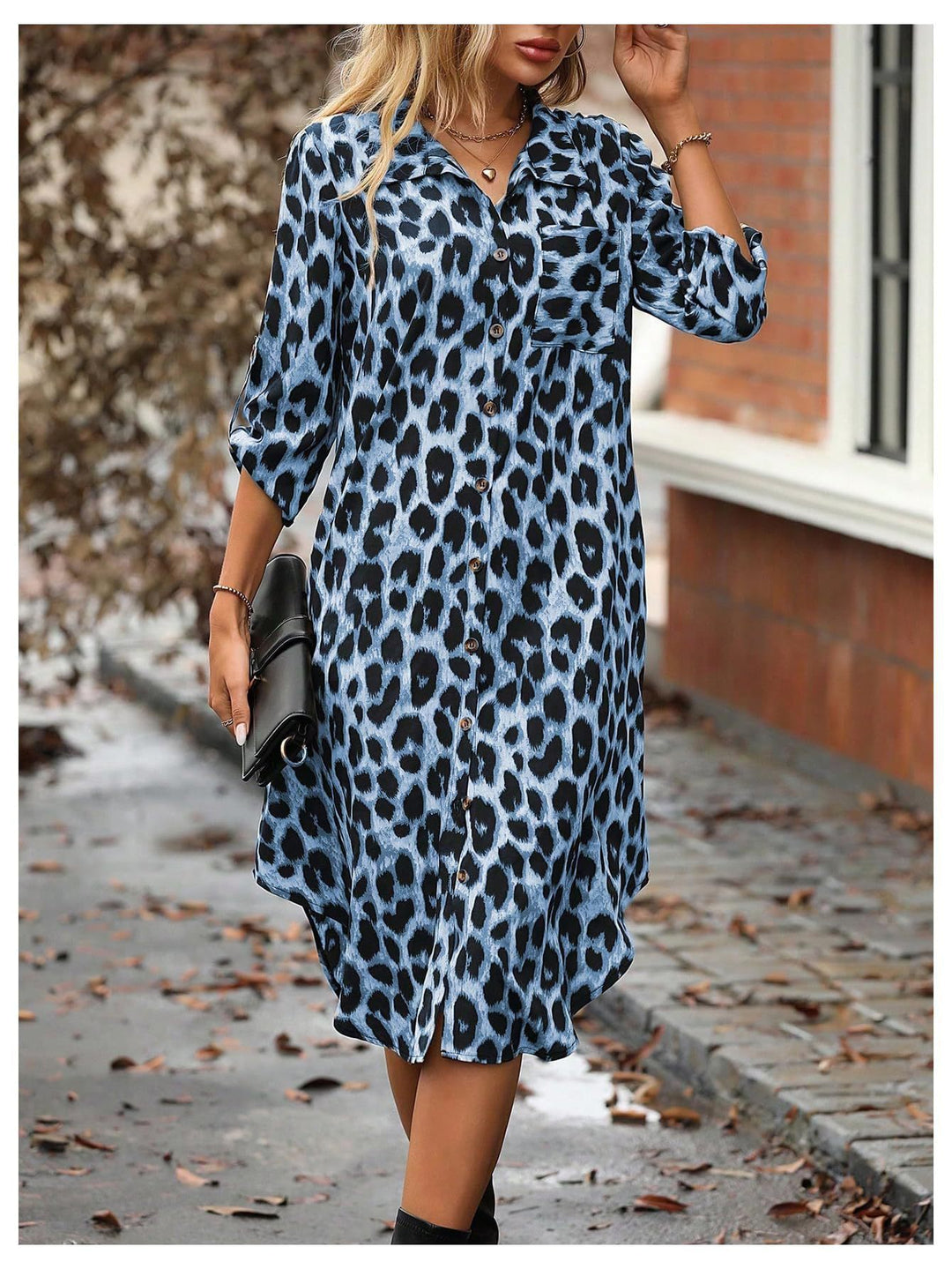 Femme Stilfuldt Leopardmønster Lang Knap-op Kjole Stilla