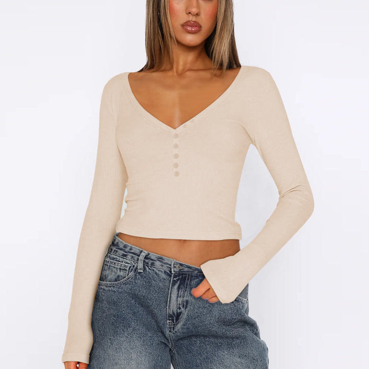 Dame Langærmet Crop-Top med V-udskæring og knapliste Stilla