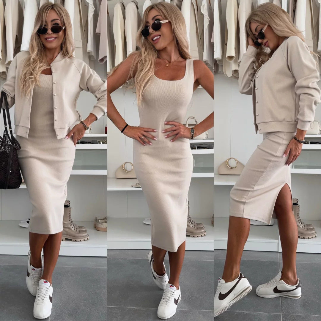 Kvinders sporty kjole med matchende cardigan og elastisk talje snor