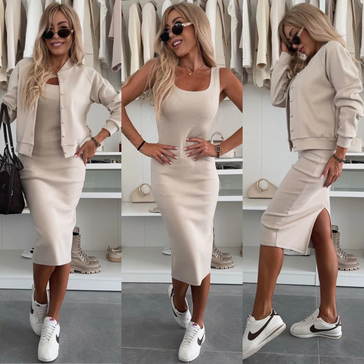 Kvinders sporty kjole med matchende cardigan og elastisk talje snor