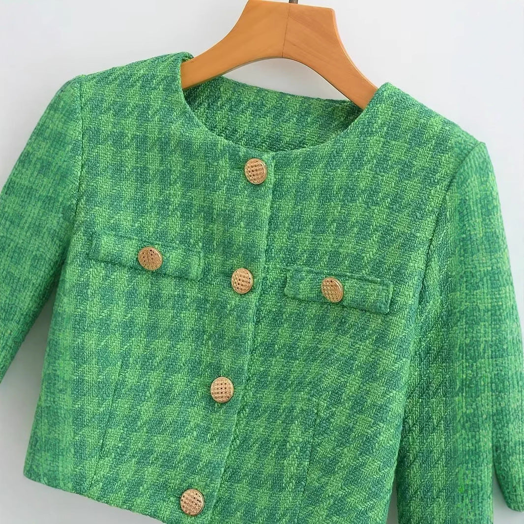 Dame Kort Boucle Jakke med Elegant Ternet Mønster Stilla