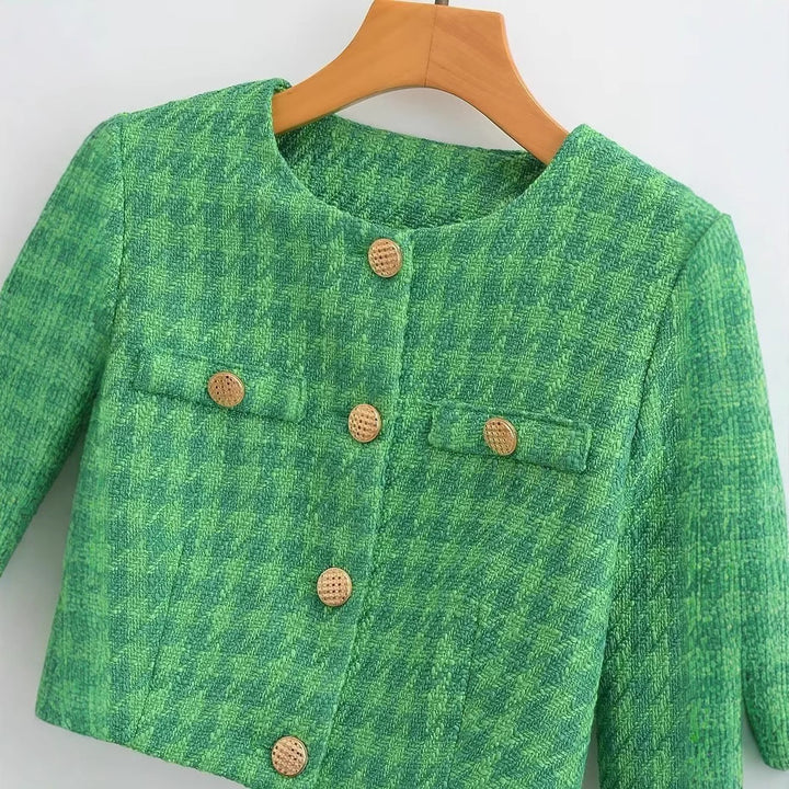Dame Kort Boucle Jakke med Elegant Ternet Mønster Stilla