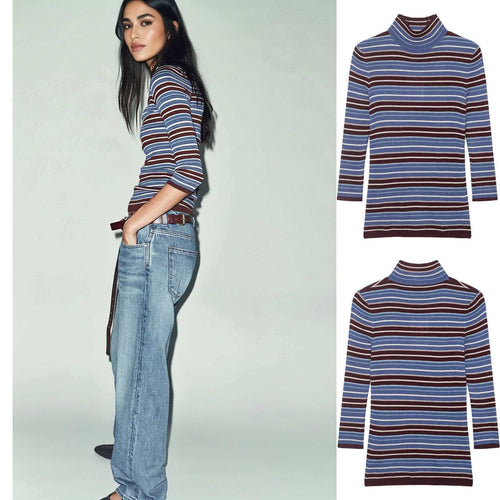 Kvinders turtleneck sweater med moderigtig stribet design Stilla