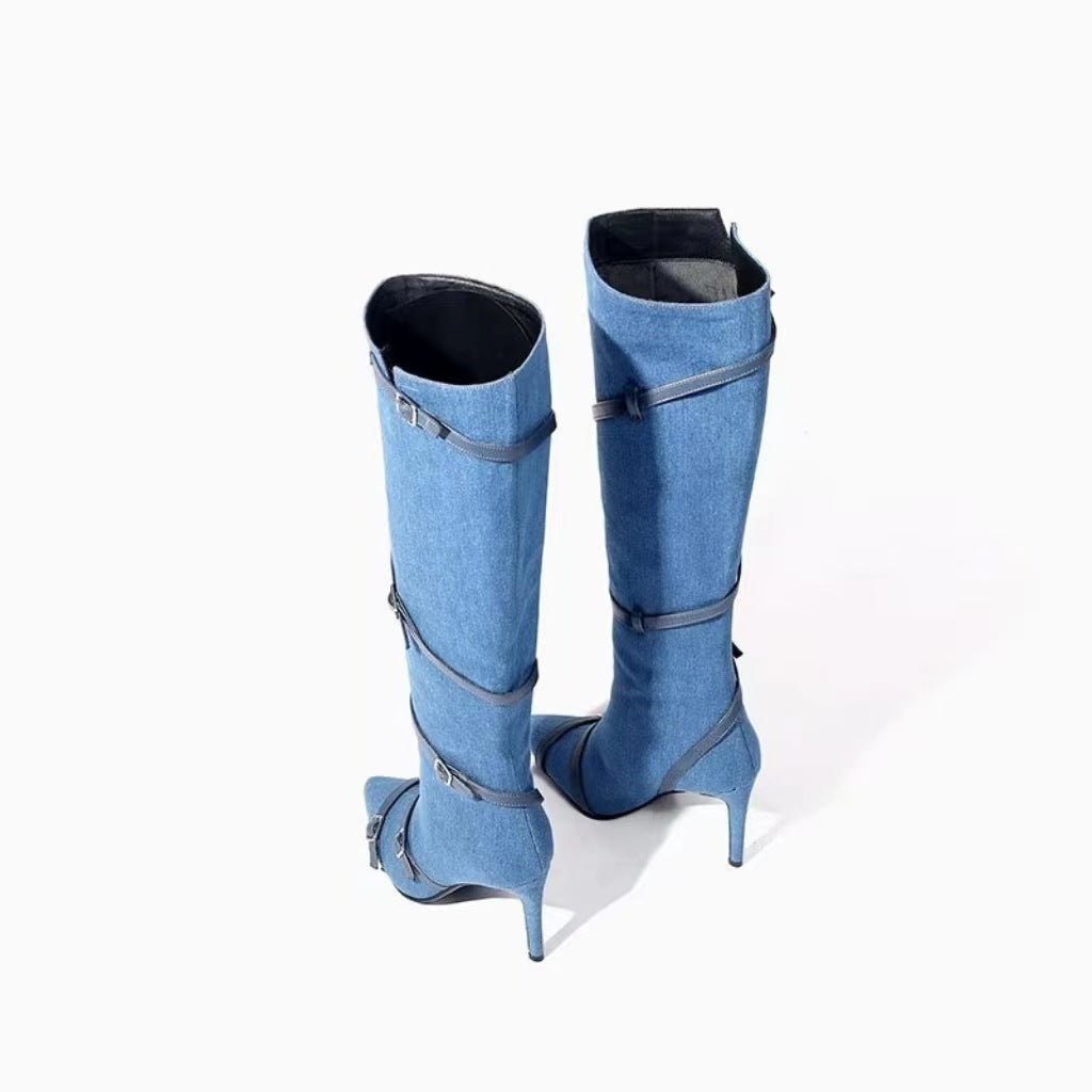 Damer Spidsudkast Denim Over-the-Knee Stiletto-Støvler med justerbare Remakcenter Stilla