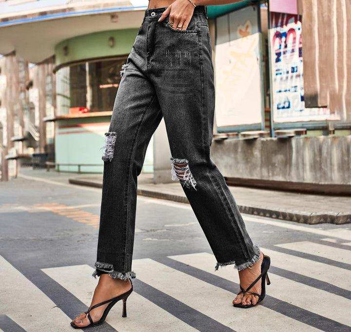 Dame Destroyed Jeans i moderne Boyfriend-snit med frynset detaljer Stilla
