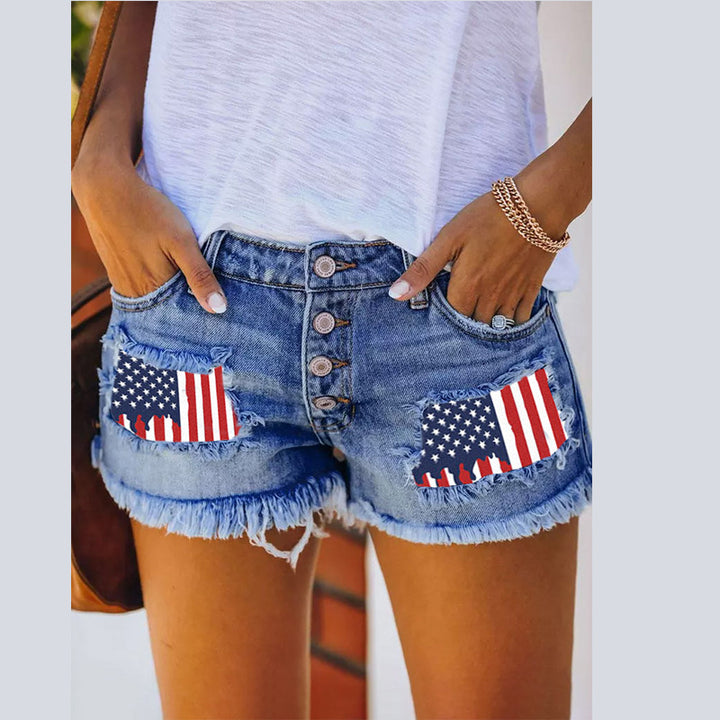 Kvindernes jeans shorts med vintage stil og flagmotiv applikationer Stilla