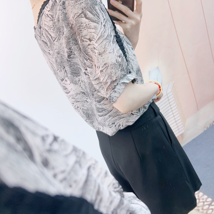 Dame Elegant Bluse med kunstnerisk mønster og stilfuld snor Stilla