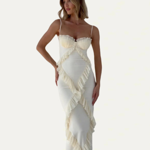 Dame Silke Maxikjole med elegante flæsedetaljer og strapless design Stilla